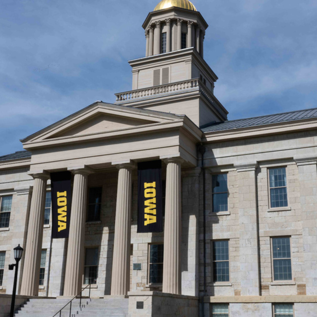 Old Capitol building with Iowa banners hanging