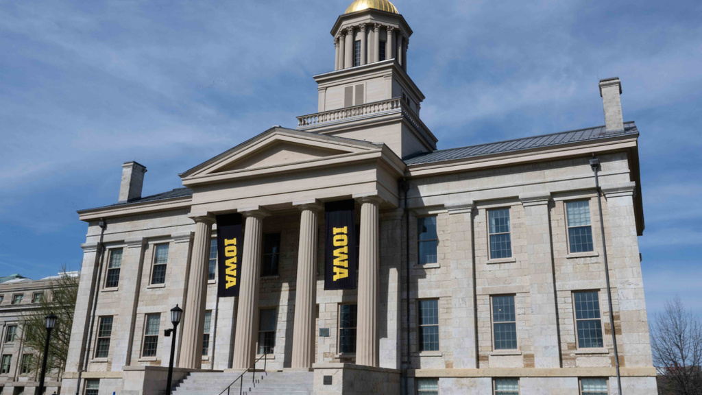 Old Capitol building with Iowa banners hanging